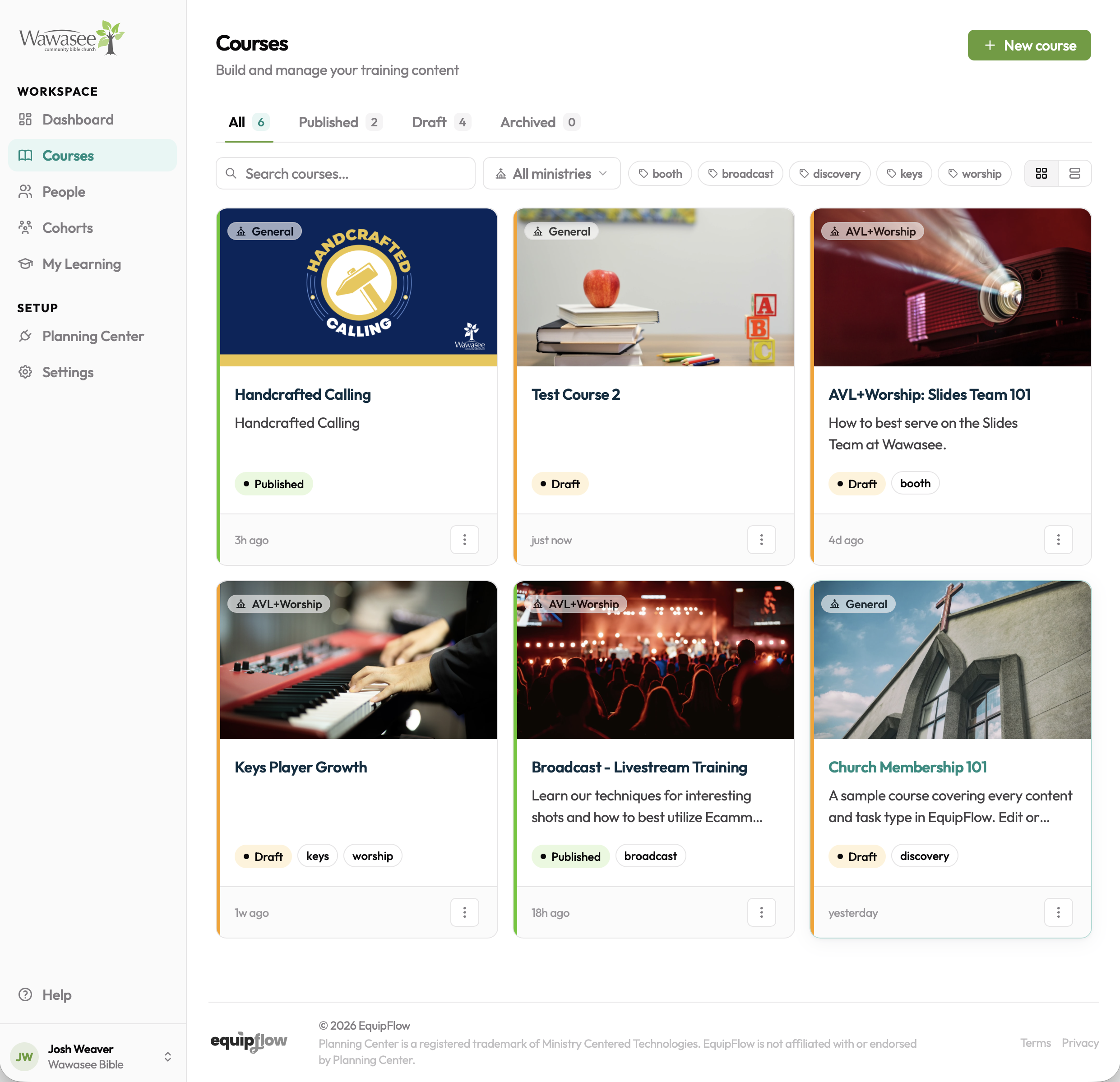 EquipEngine courses dashboard showing a grid of training courses across multiple categories