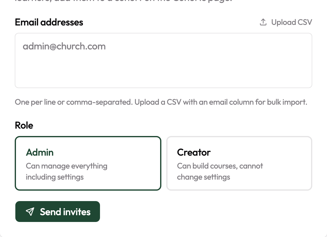 Settings → Access — invite teammates by email and pick whether they join as Admin or Creator.