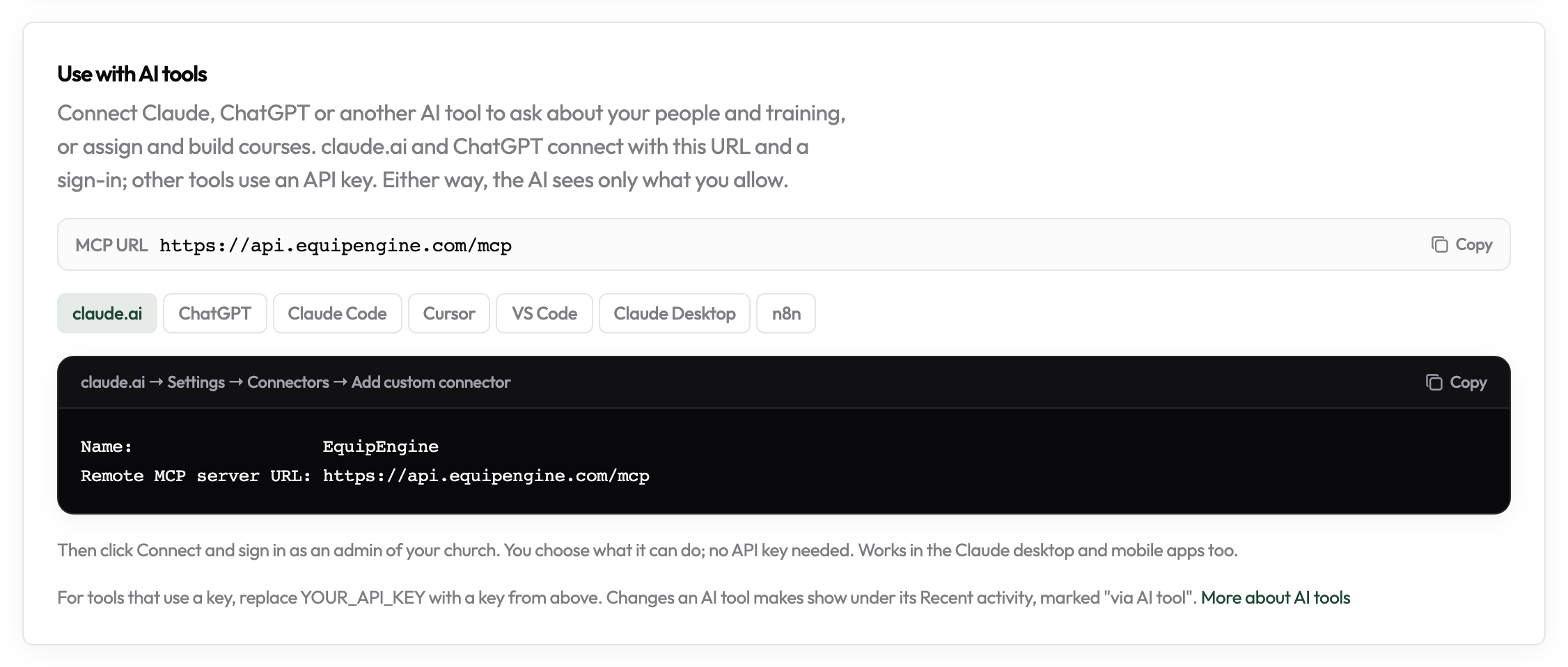 Settings → API, Use with AI tools: the MCP URL with Copy, and the setup for Claude Code.