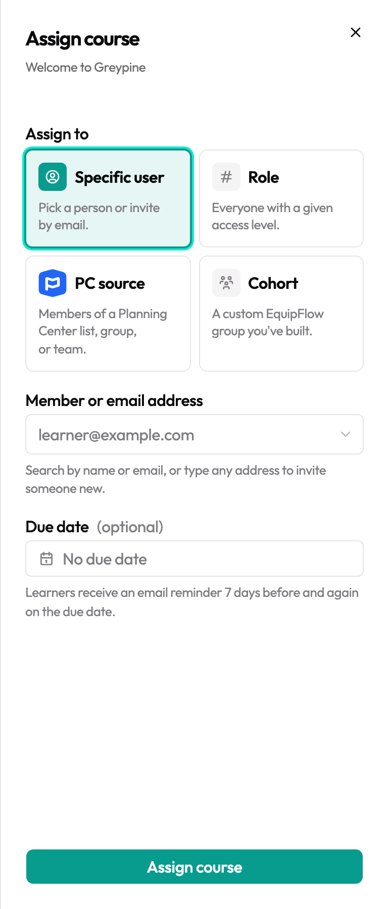 The Assign course slide-over with the four target tiles — Specific user, Role, PC source, Cohort — plus due-date field.