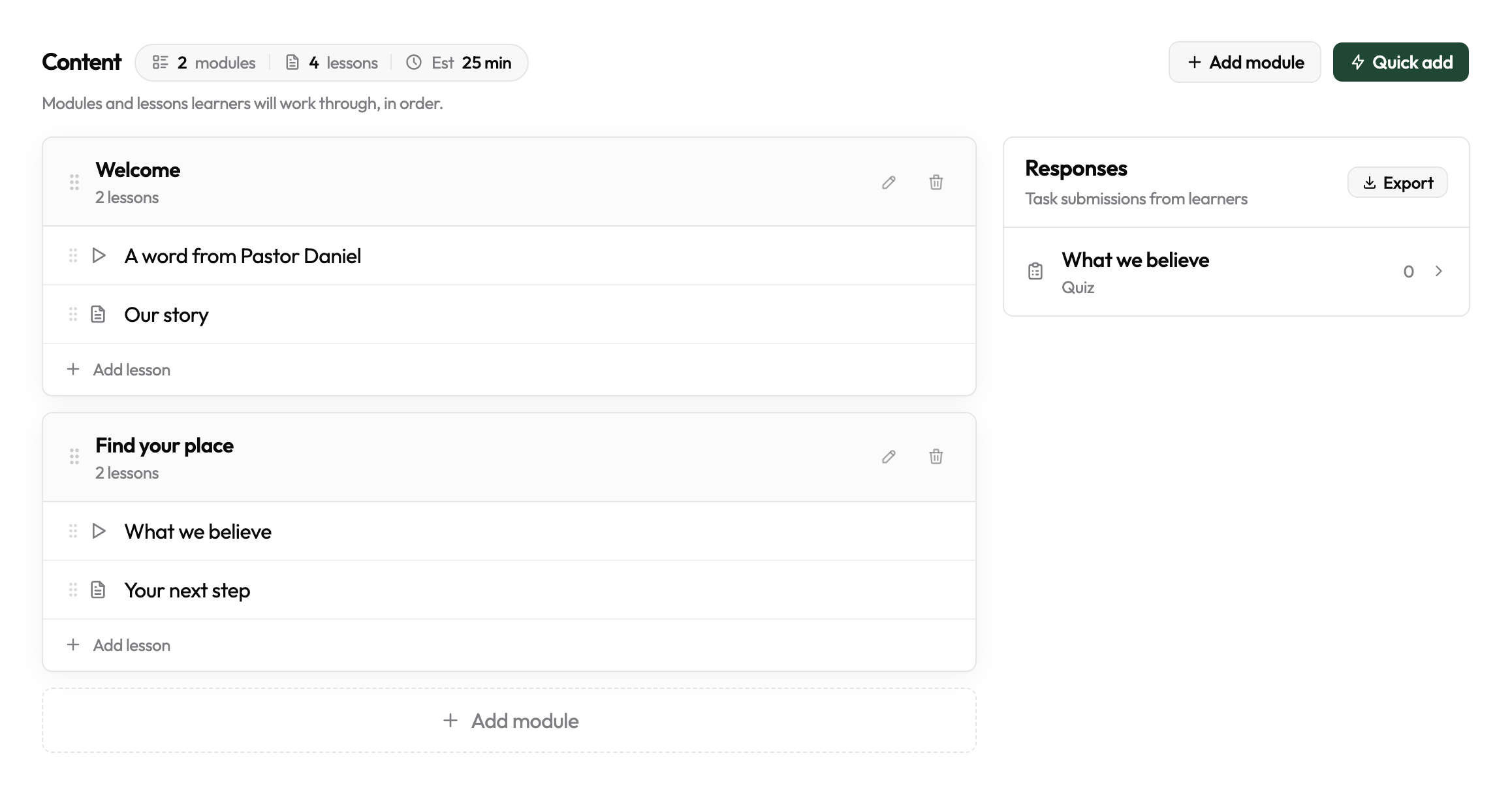 The Content tab — modules and the lessons inside them, with drag handles for reordering and Add lesson / Add module controls.