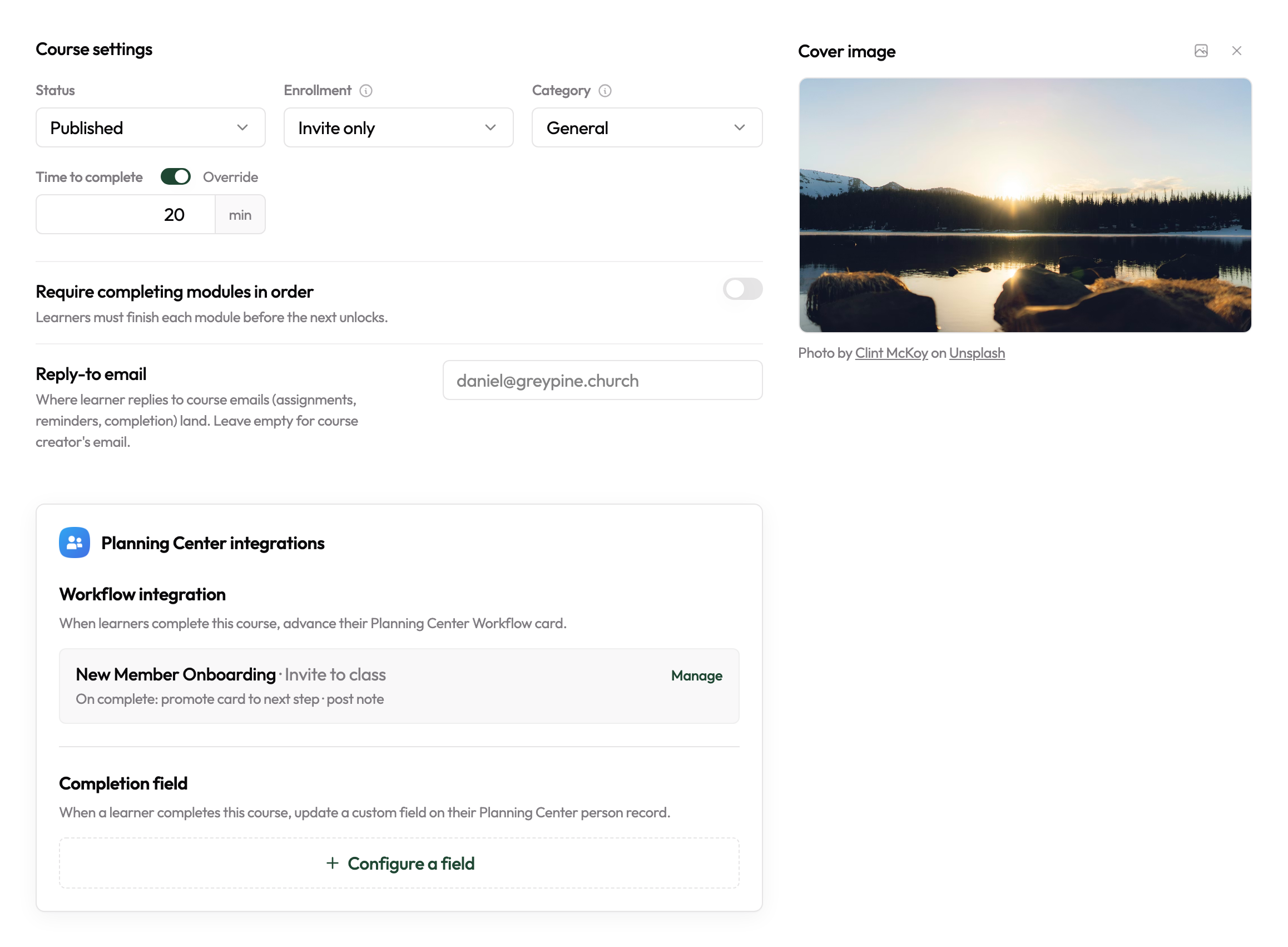 The Overview tab — Course settings card (Status, Enrollment, Category, Time to complete, Reply-to email, sequential-modules toggle) plus the Planning Center sources panel.