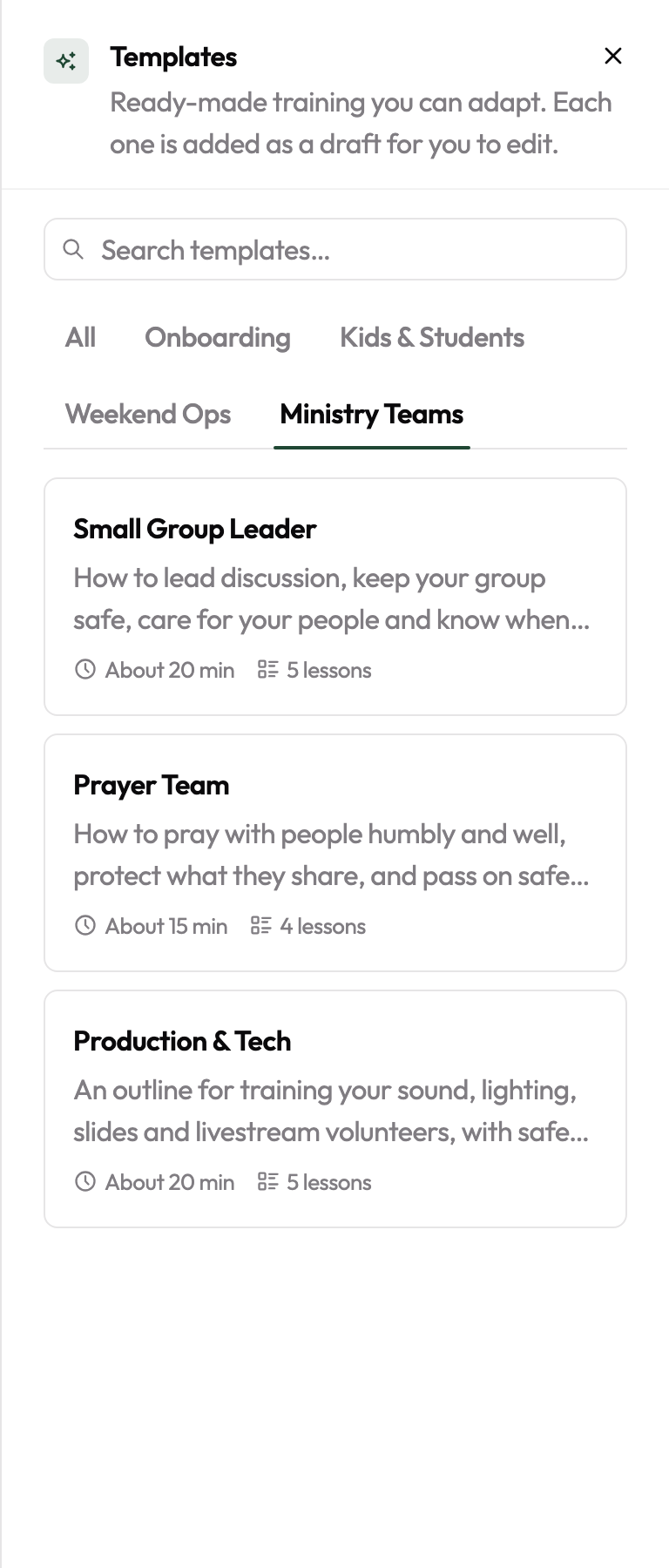 The Templates slide-over on the Courses page: search, category tabs, and the Ministry Teams course templates.