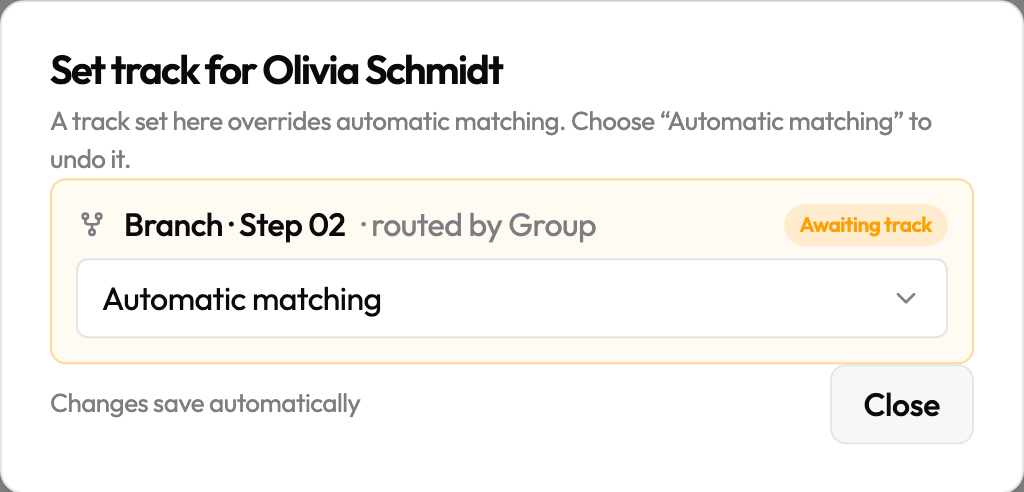 The Set track dialog, opened from the Progress tab for a learner who's awaiting a track.